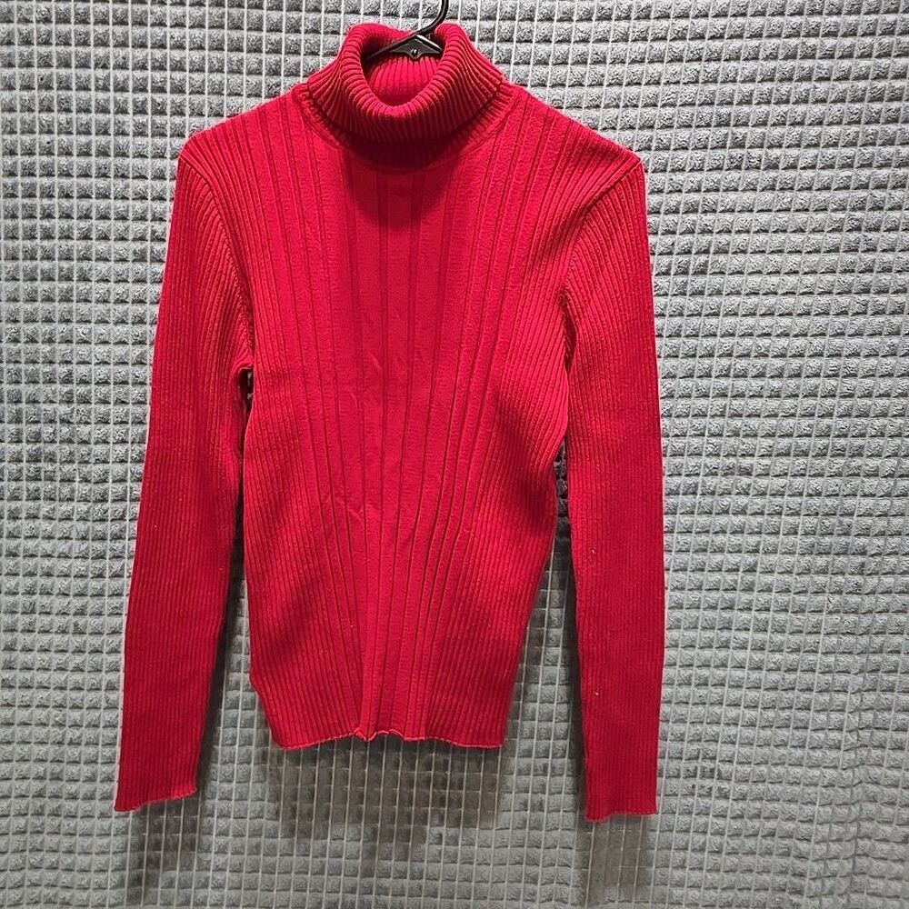 VTG Red Turtleneck Sweater SzLg Stretch Holiday Christmas Ribbed Preppy Classic